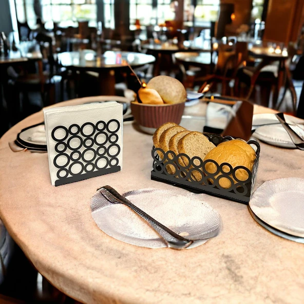 Siyah Renk 2'li Set Ekmek Sepeti ve Peçetelik - 8