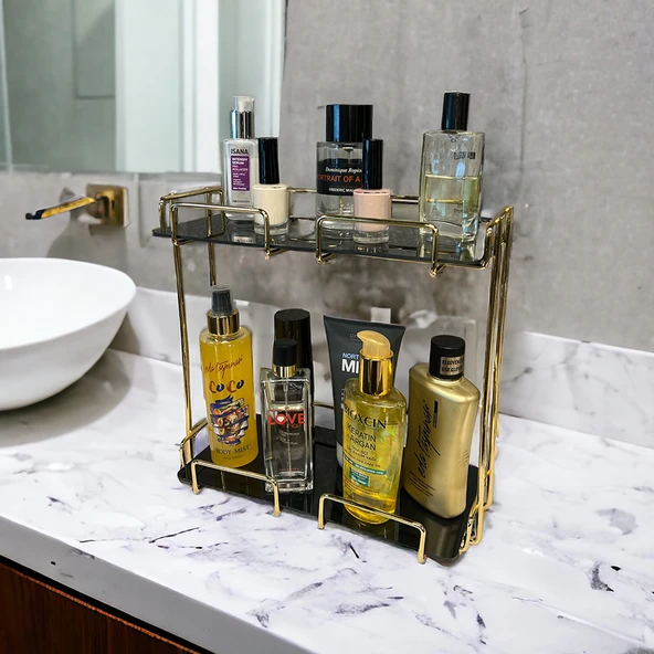 2 Katlı 28x14 Gold Banyo ve Kozmetik Düzenleyici - Çift Katlı Sunum ve Servis Tepsisi - 5