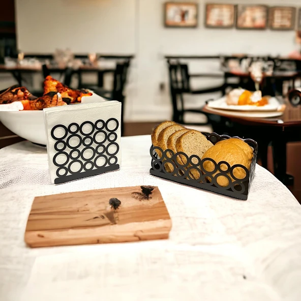 Siyah Renk 2'li Set Ekmek Sepeti ve Peçetelik - 6