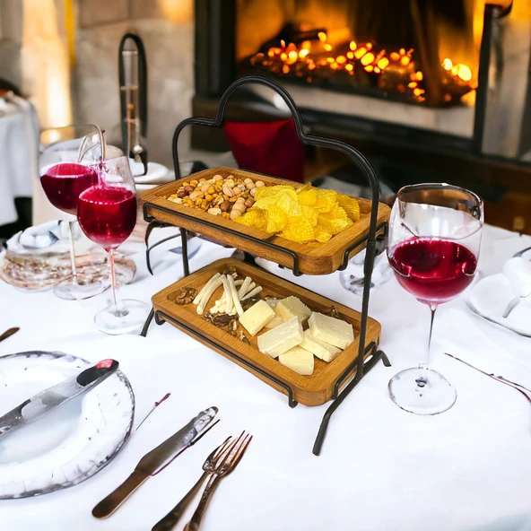 2 Katlı Ahşap Zeminliı 15x27cm Metal Standlı Ahşap Sunum Standı – İkram ve Servis İçin Model 1 Siyah - 5