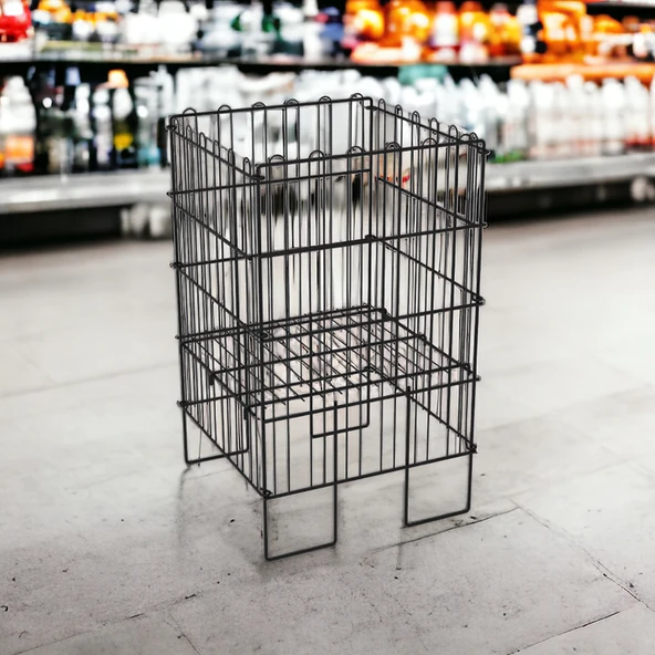 Ergonomik Tasarım 40x40 Katlanır Tel Havuz Sepeti Siyah – Market, Avm, ve Bakkal İçin İdeal Ürün Teşhir Standı – 3 Kademeli Kullanım