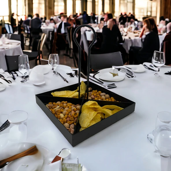 Tek Katlı Dekoratif Metal Siyah Çerezlik, Peynir Sunum Servis Tabağı - Lokumluk, Makaron, Pankek ve Tatlı İçin İdeal - 6