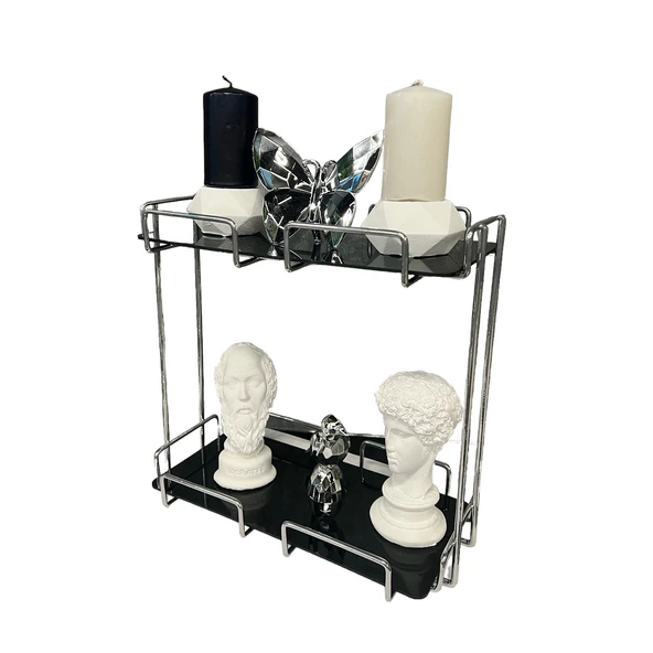 2 Katlı 28x14 Gümüş Banyo ve Kozmetik Düzenleyici - Çift Katlı Sunum ve Servis Tepsisi - 5