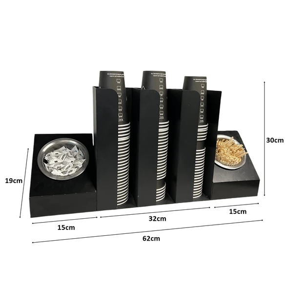 3 Bölmeli Karton Bardaklık ve 2' li Tek yuvalı Karistirici ve Şeker Endüstriyel Mutfak Kahve Aksesuar Düzenleyici Siyah Çok Bölmeli Kafe/Ofis Kahve Standı - 6