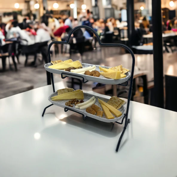 2 Katlı Beyaz Gümüş Zemin Mermer Desenli Melamin 13x32cm Metal Sunum Standı – İkram ve Servis İçin Model 1 Siyah - 2