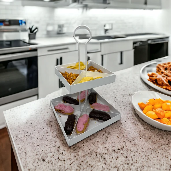 2 Katlı Dekoratif Beyaz Metal Çerezlik / Peynir Sunum Servis Tabağı - Lokumluk / Makaron, Pankek ve Tatlı Sunumu İçin - 11