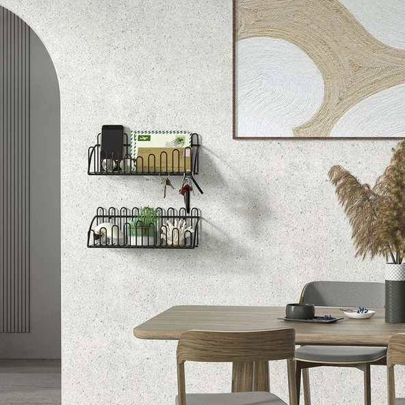 2'li Tel Raf Düzenleyici Çiçeklik Siyah Duvar Raf Seti - 2