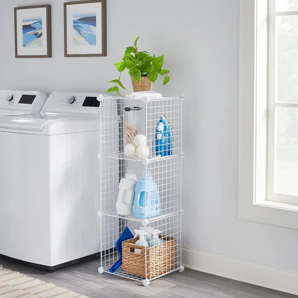 3 Bölmeli Tel Küp Çok Amaçlı Organizer Raf Beyaz 33cm Mutfak, Oyuncak, Kiler, Depolama Rafı - 4