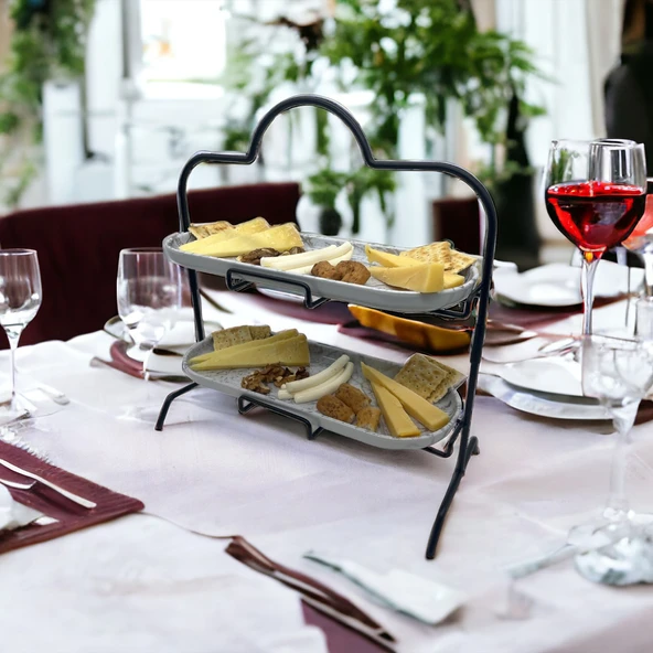 2 Katlı Beyaz Gümüş Zemin Mermer Desenli Melamin 13x32cm Metal Sunum Standı – İkram ve Servis İçin Model 1 Siyah - 8