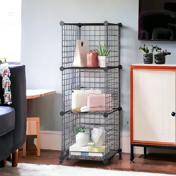 3 Bölmeli Tel Küp Çok Amaçlı Organizer Raf Siyah 33cm Mutfak, Oyuncak, Kiler, Depolama Rafı - 4