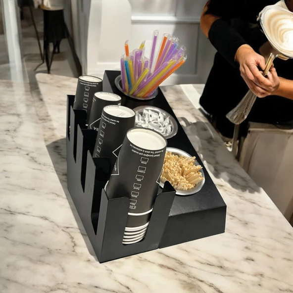 4 Bölmeli 16Oz ve 3 yuvalı Basamaklı Kahve Standı Düzenleyici Organizer Siyah Renkli Çok Bölmeli Kafe ve Self-Servis İçin Pratik Organizatör - 4