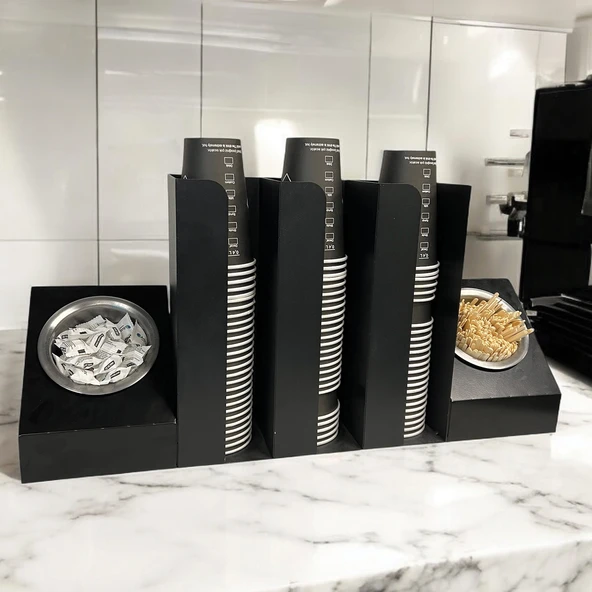 3 Bölmeli Karton Bardaklık ve 2' li Tek yuvalı Karistirici ve Şeker Endüstriyel Mutfak Kahve Aksesuar Düzenleyici Siyah Çok Bölmeli Kafe/Ofis Kahve Standı - 3