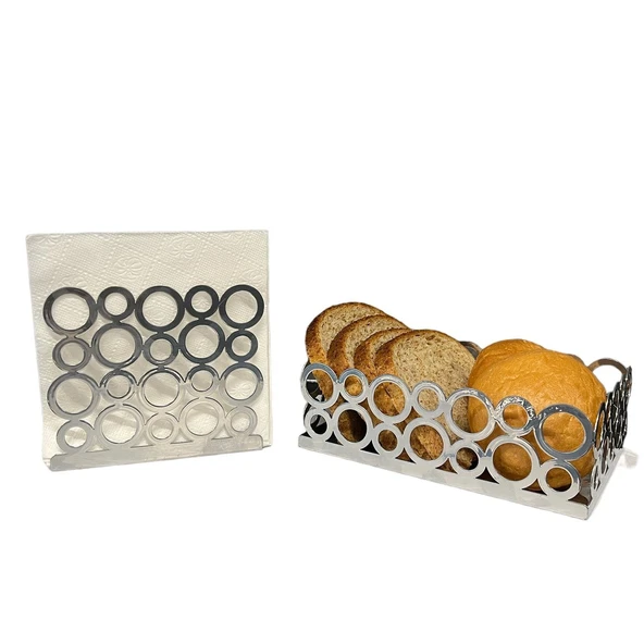 Gümüş Renk 2'li Set Ekmek Sepeti ve Peçetelik - 2