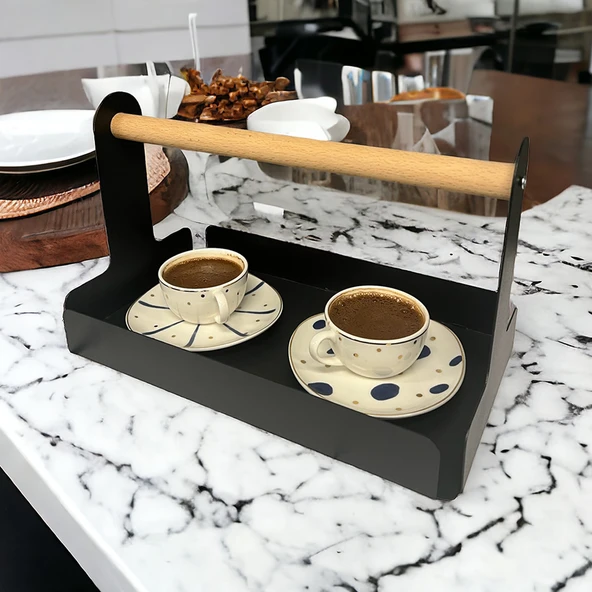 Ahşap Saplı 30x17cm Siyah Metal Servis, Sunum, Dekoratif Tepsi