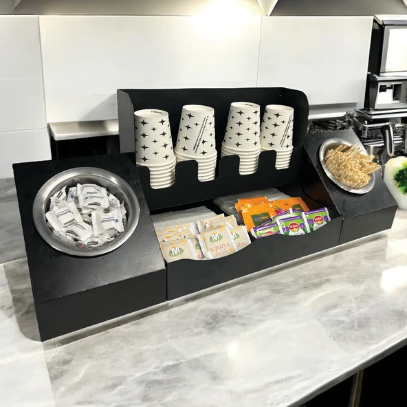 16 Oz Çay Kahve ve 2' li Tek yuvalı Organizer Siyah Stand Kahve İstasyonu Düzenleyicisi, Şık Tasarım, Ofis & Self Servis İçin