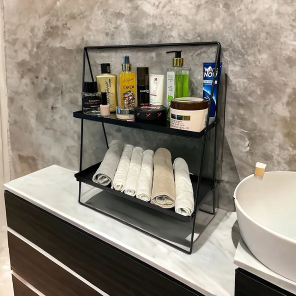 2 Katlı Üçgen Siyah Metal Banyo, Mutfak, Makyaj Organizatörü - Model 2 - 9