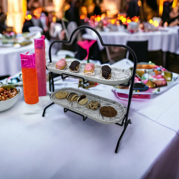 2 Katlı Beyaz Gümüş Zemin Mermer Desenli Melamin 13x32cm Metal Sunum Standı – İkram ve Servis İçin Model 1 Siyah - 9