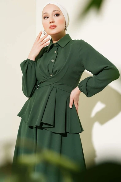 Önü Bağlamalı Gömlek Yaka Etekli İkili Takım Yeşil - Resim 2