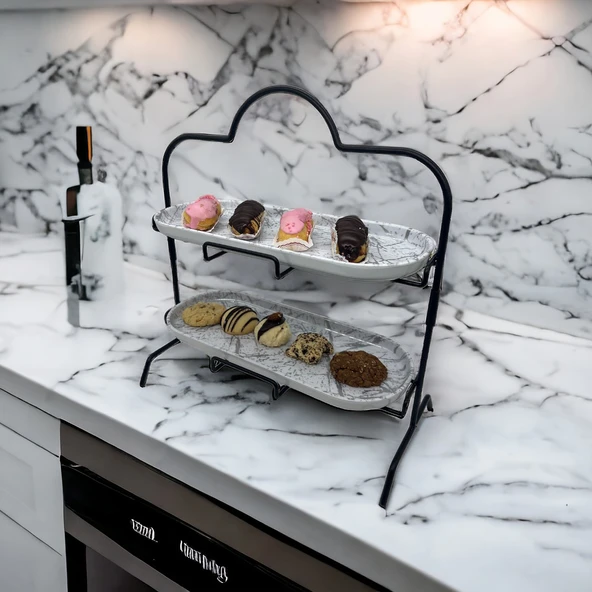 2 Katlı Beyaz Gümüş Zemin Mermer Desenli Melamin 13x32cm Metal Sunum Standı – İkram ve Servis İçin Model 1 Siyah - 5