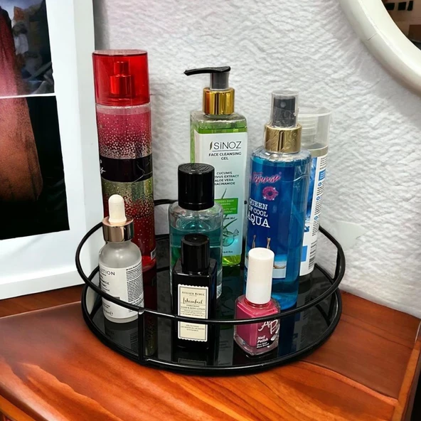 Banyo, Kozmetik Düzenleyici, Takı Standı, Organizer ve Çok Amaçlı Servis Sunum Tepsisi, İkramlık 23CM SİYAH - 5