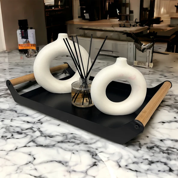 AHŞAP SAPLI 40X25 DEKORATİF METAL TEPSİ SİYAH, SUNUM, DEKORATİF TEPSİ - 9