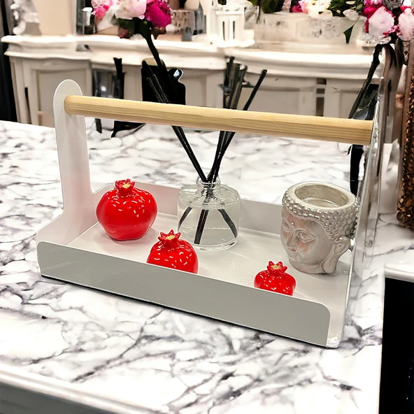 Ahşap Saplı Beyaz 30x17cm Metal Servis, Sunum, Dekoratif Tepsi - 10