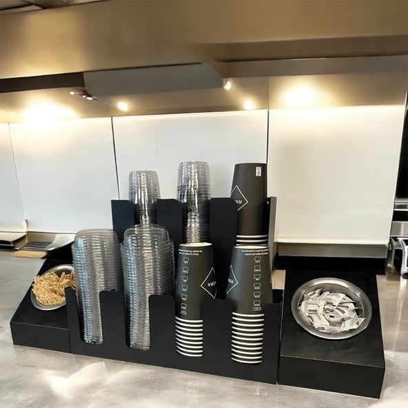 3 Ve 4 Bölmeli Karton Bardaklık + 2' li Tek yuvalı  Karistirici ve Şeker Endüstriyel Mutfak Kahve Aksesuar Düzenleyici Siyah Çok Bölmeli Kafe/Ofis Kahve Standı - 8