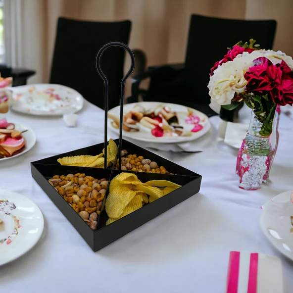 Tek Katlı Dekoratif Metal Siyah Çerezlik, Peynir Sunum Servis Tabağı - Lokumluk, Makaron, Pankek ve Tatlı İçin İdeal