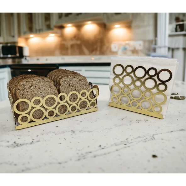 Gold Renk 2'li Set Ekmek Sepeti ve Peçetelik - 4