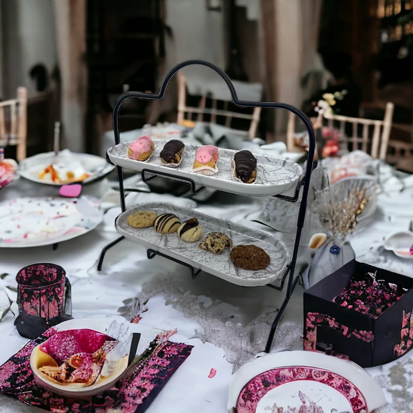 2 Katlı Beyaz Gümüş Zemin Mermer Desenli Melamin 13x32cm Metal Sunum Standı – İkram ve Servis İçin Model 1 Siyah - 10