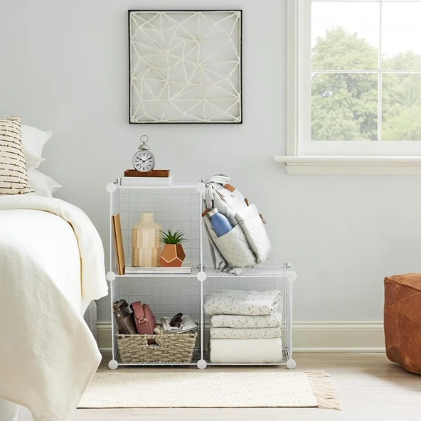 3 Bölmeli Tel Küp Çok Amaçlı Organizer Raf Beyaz 33cm Mutfak, Oyuncak, Kiler, Depolama Rafı