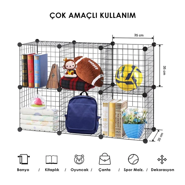 6 Bölmeli Tel Küp Çok Amaçlı Organizer Raf Siyah 33cm Mutfak, Oyuncak, Kiler, Depolama Rafı - 8
