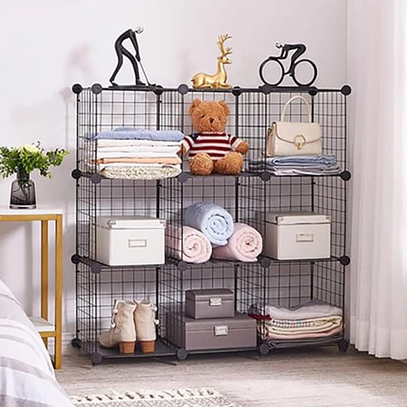 9 Bölmeli Tel Küp Çok Amaçlı Organizer Raf Siyah 33cm Mutfak, Oyuncak, Kiler, Depolama Rafı - 9