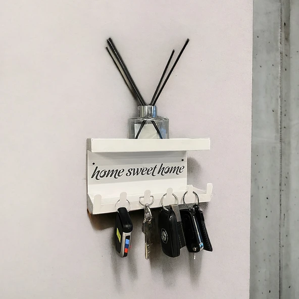 HOME SWEET HOME Duvara Monte Raflı ve 6 Kancalı Anahtarlık Askılık - Beyaz - 6