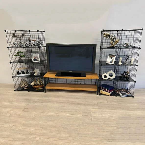 Bambu Ahşap ve Metal Detaylı TV Ünitesi & Sekizli Tel Küp Raf Sistemi - Modern Tasarım Model-1