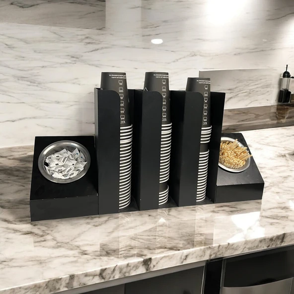 3 Bölmeli Karton Bardaklık ve 2' li Tek yuvalı Karistirici ve Şeker Endüstriyel Mutfak Kahve Aksesuar Düzenleyici Siyah Çok Bölmeli Kafe/Ofis Kahve Standı - 5