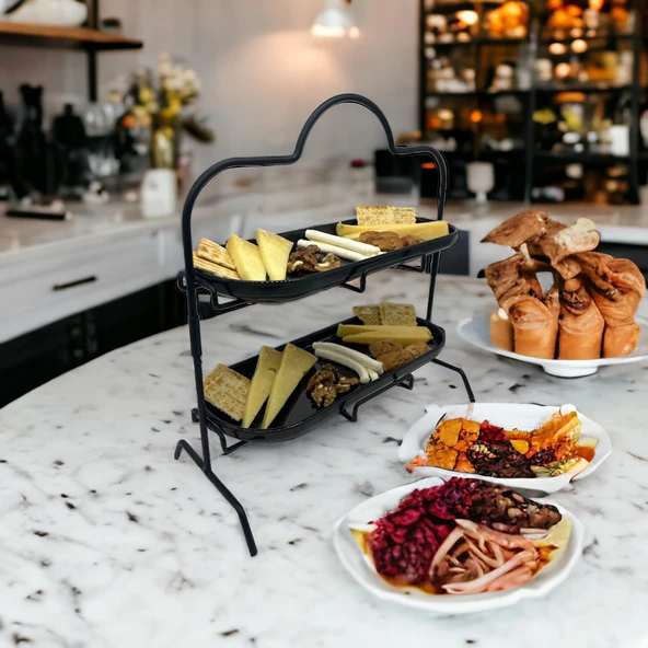 2 Katlı Siyah Melamin 13x32cm Metal Sunum Standı – İkram ve Servis İçin Model 1 Siyah - 7