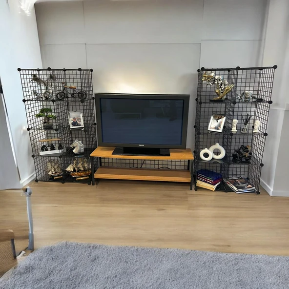 Bambu Ahşap ve Metal Detaylı TV Ünitesi & Sekizli Tel Küp Raf Sistemi - Modern Tasarım Model-1 - 6