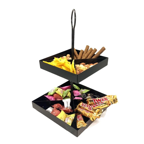 2 Katlı Dekoratif Siyah Metal Çerezlik / Peynir Sunum Servis Tabağı - Lokumluk / Makaron, Pankek ve Tatlı Sunumu İçin - 5