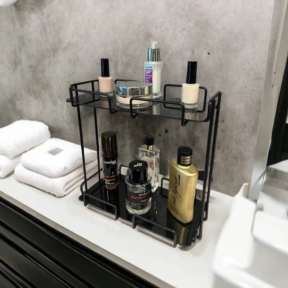 2 Katlı 28x14 Siyah Banyo ve Kozmetik Düzenleyici - Çift Katlı Sunum ve Servis Tepsisi - 5