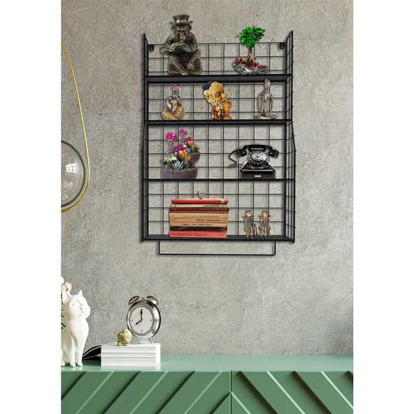 Modern Tasarım 4 Katlı Siyah Duvara Monte Dekoratif Raf - 7