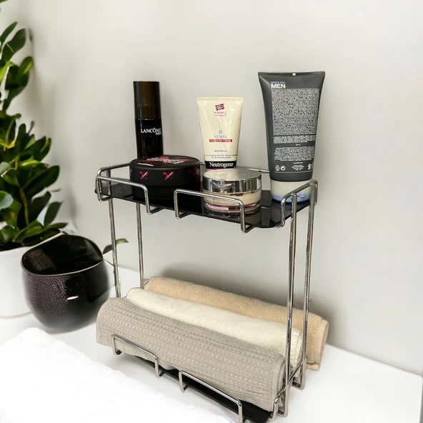 2 Katlı 28x14 Gümüş Banyo ve Kozmetik Düzenleyici - Çift Katlı Sunum ve Servis Tepsisi - 10