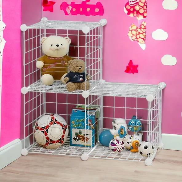 3 Bölmeli Tel Küp Çok Amaçlı Organizer Raf Beyaz 33cm Mutfak, Oyuncak, Kiler, Depolama Rafı - 2