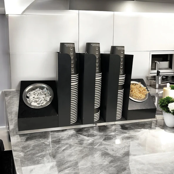 3 Bölmeli Karton Bardaklık ve 2' li Tek yuvalı Karistirici ve Şeker Endüstriyel Mutfak Kahve Aksesuar Düzenleyici Siyah Çok Bölmeli Kafe/Ofis Kahve Standı