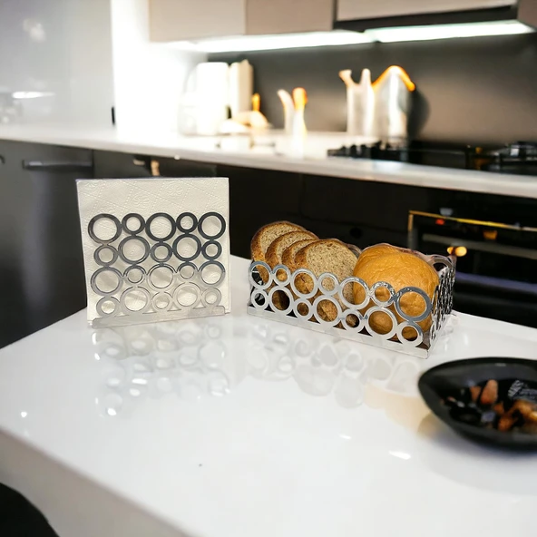 Gümüş Renk 2'li Set Ekmek Sepeti ve Peçetelik - 5