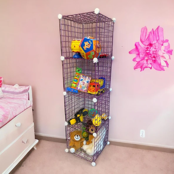 4 Bölmeli Tel Küp Çok Amaçlı Organizer Raf Pembe 33cm Mutfak, Oyuncak, Kiler, Depolama Rafı - 6