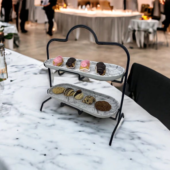 2 Katlı Beyaz Gümüş Zemin Mermer Desenli Melamin 13x32cm Metal Sunum Standı – İkram ve Servis İçin Model 1 Siyah - 7