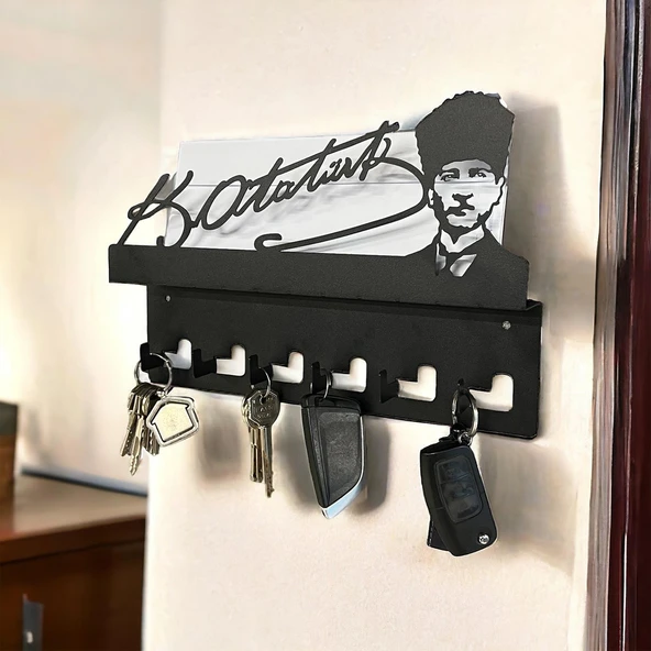 Atatürk Tasarımlı Duvar Askılı Anahtarlık ve Mektup Rafı Model-1 - Siyah - 8