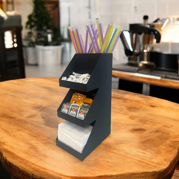 3 Katlı 5 Bölmeli Metal Pipet, Peçetelik, Şekerlik Siyah Organizer Stand Model - 3 - 2