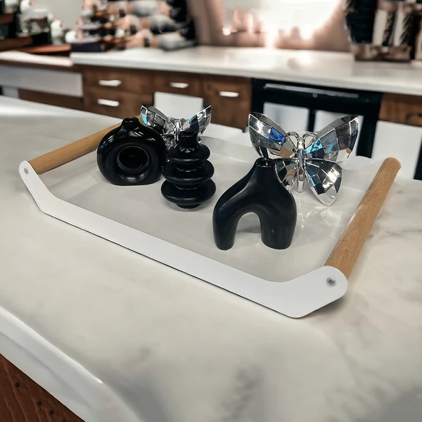 AHŞAP SAPLI 40X25 DEKORATİF METAL TEPSİ BEYAZ, SUNUM, DEKORATİF TEPSİ - 2